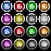 Pound coins white icons in round glossy buttons on black background - Pound coins white icons in round glossy buttons with steel frames on black background. The buttons are in two different styles and eight colors.