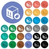 Package labeling round flat multi colored icons - Package labeling multi colored flat icons on round backgrounds. Included white, light and dark icon variations for hover and active status effects, and bonus shades on black backgounds.
