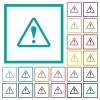 Triangle shaped warning sign flat color icons with quadrant frames on white background - Triangle shaped warning sign flat color icons with quadrant frames