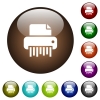 Office shredder white icons on round color glass buttons - Office shredder color glass buttons