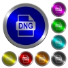 DNG file format icons on round luminous coin-like color steel buttons - DNG file format luminous coin-like round color buttons - Small thumbnail