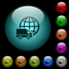 International transport icons in color illuminated glass buttons - International transport icons in color illuminated spherical glass buttons on black background. Can be used to black or dark templates