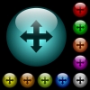Move tool icons in color illuminated glass buttons - Move tool icons in color illuminated spherical glass buttons on black background. Can be used to black or dark templates