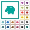 Left facing piggy bank flat color icons with quadrant frames on white background - Left facing piggy bank flat color icons with quadrant frames