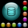 Single database icons in color illuminated glass buttons - Single database icons in color illuminated spherical glass buttons on black background. Can be used to black or dark templates