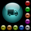Delivery truck icons in color illuminated glass buttons - Delivery truck icons in color illuminated spherical glass buttons on black background. Can be used to black or dark templates