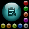 Syncronize note icons in color illuminated spherical glass buttons on black background. Can be used to black or dark templates - Syncronize note icons in color illuminated glass buttons