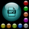 MP3 file format icons in color illuminated glass buttons - MP3 file format icons in color illuminated spherical glass buttons on black background. Can be used to black or dark templates