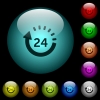 24 hour delivery icons in color illuminated glass buttons - 24 hour delivery icons in color illuminated spherical glass buttons on black background. Can be used to black or dark templates