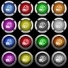 International transport white icons in round glossy buttons on black background - International transport white icons in round glossy buttons with steel frames on black background. The buttons are in two different styles and eight colors.