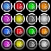 Document accepted white icons in round glossy buttons on black background - Document accepted white icons in round glossy buttons with steel frames on black background. The buttons are in two different styles and eight colors.