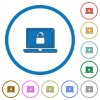 Locked laptop icons with shadows and outlines - Locked laptop flat color vector icons with shadows in round outlines on white background