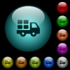 Transport icons in color illuminated spherical glass buttons on black background. Can be used to black or dark templates - Transport icons in color illuminated glass buttons