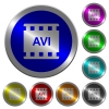 AVI movie format icons on round luminous coin-like color steel buttons - AVI movie format luminous coin-like round color buttons