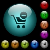 Remove item from cart icons in color illuminated glass buttons - Remove item from cart icons in color illuminated spherical glass buttons on black background. Can be used to black or dark templates