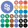 Yen new Shekel money exchange multi colored flat icons on round backgrounds. Included white, light and dark icon variations for hover and active status effects, and bonus shades on black backgounds. - Yen new Shekel money exchange round flat multi colored icons