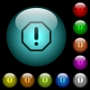 Octagon shaped error sign icons in color illuminated spherical glass buttons on black background. Can be used to black or dark templates - Octagon shaped error sign icons in color illuminated glass buttons