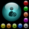 Search user icons in color illuminated glass buttons - Search user icons in color illuminated spherical glass buttons on black background. Can be used to black or dark templates