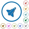 Space shuttle flat color vector icons with shadows in round outlines on white background - Space shuttle icons with shadows and outlines