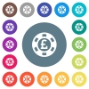 Pound casino chip flat white icons on round color backgrounds. 17 background color variations are included. - Pound casino chip flat white icons on round color backgrounds
