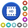 HD movie format beveled buttons - HD movie format round color beveled buttons with smooth surfaces and flat white icons