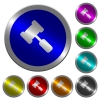 Judge hammer icons on round luminous coin-like color steel buttons - Judge hammer luminous coin-like round color buttons