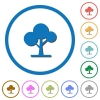 Leafy tree flat color vector icons with shadows in round outlines on white background - Leafy tree icons with shadows and outlines