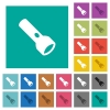 Flashlight square flat multi colored icons - Flashlight multi colored flat icons on plain square backgrounds. Included white and darker icon variations for hover or active effects.