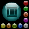 Three columned web layout icons in color illuminated spherical glass buttons on black background. Can be used to black or dark templates - Three columned web layout icons in color illuminated glass buttons