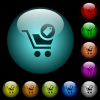 Product purchase features icons in color illuminated glass buttons - Product purchase features icons in color illuminated spherical glass buttons on black background. Can be used to black or dark templates