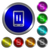 Mobile media pause icons on round luminous coin-like color steel buttons - Mobile media pause luminous coin-like round color buttons