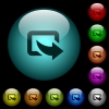 Export symbol with bottom right arrow icons in color illuminated glass buttons - Export symbol with bottom right arrow icons in color illuminated spherical glass buttons on black background. Can be used to black or dark templates