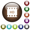 HD movie format color glass buttons - HD movie format white icons on round color glass buttons