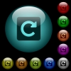 Rotate right icons in color illuminated glass buttons - Rotate right icons in color illuminated spherical glass buttons on black background. Can be used to black or dark templates