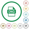 DNG file format flat color icons in round outlines on white background - DNG file format flat icons with outlines