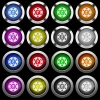 Indian Rupee casino chip white icons in round glossy buttons with steel frames on black background. - Indian Rupee casino chip white icons in round glossy buttons on black background