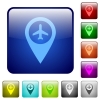 Airport GPS map location color square buttons - Airport GPS map location icons in rounded square color glossy button set