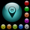 Car service GPS map location icons in color illuminated glass buttons - Car service GPS map location icons in color illuminated spherical glass buttons on black background. Can be used to black or dark templates