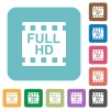 Full HD movie format white flat icons on color rounded square backgrounds - Full HD movie format rounded square flat icons