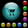 Empty shopping cart icons in color illuminated spherical glass buttons on black background. Can be used to black or dark templates - Empty shopping cart icons in color illuminated glass buttons