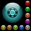 New Shekel casino chip icons in color illuminated spherical glass buttons on black background. Can be used to black or dark templates - New Shekel casino chip icons in color illuminated glass buttons