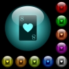 Eight of hearts card icons in color illuminated glass buttons - Eight of hearts card icons in color illuminated spherical glass buttons on black background. Can be used to black or dark templates
