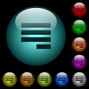 Text align justify last row right icons in color illuminated glass buttons - Text align justify last row right icons in color illuminated spherical glass buttons on black background. Can be used to black or dark templates