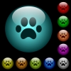 Paw prints icons in color illuminated spherical glass buttons on black background. Can be used to black or dark templates - Paw prints icons in color illuminated glass buttons