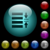 Adjust line spacing icons in color illuminated glass buttons - Adjust line spacing icons in color illuminated spherical glass buttons on black background. Can be used to black or dark templates