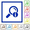 Search result information flat framed icons - Search result information flat color icons in square frames on white background
