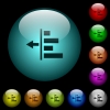 Decrease left indentation of content icons in color illuminated spherical glass buttons on black background. Can be used to black or dark templates - Decrease left indentation of content icons in color illuminated glass buttons