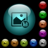 Save image icons in color illuminated spherical glass buttons on black background. Can be used to black or dark templates - Save image icons in color illuminated glass buttons