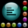 Text align left icons in color illuminated spherical glass buttons on black background. Can be used to black or dark templates - Text align left icons in color illuminated glass buttons