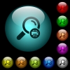 Print search results icons in color illuminated spherical glass buttons on black background. Can be used to black or dark templates - Print search results icons in color illuminated glass buttons